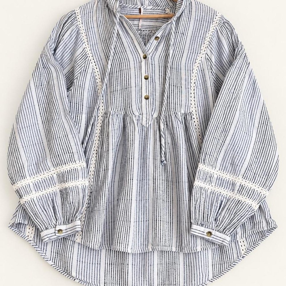 Free People Oversized Striped Hooded Blouse Lace Trim Boho Blue White XS
